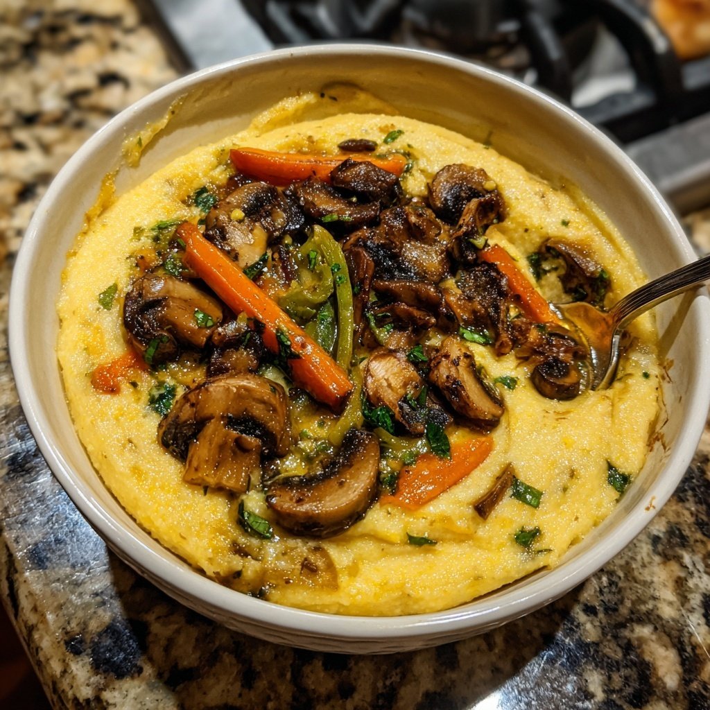 Abendessen mit cremiger Polenta und Gemüse